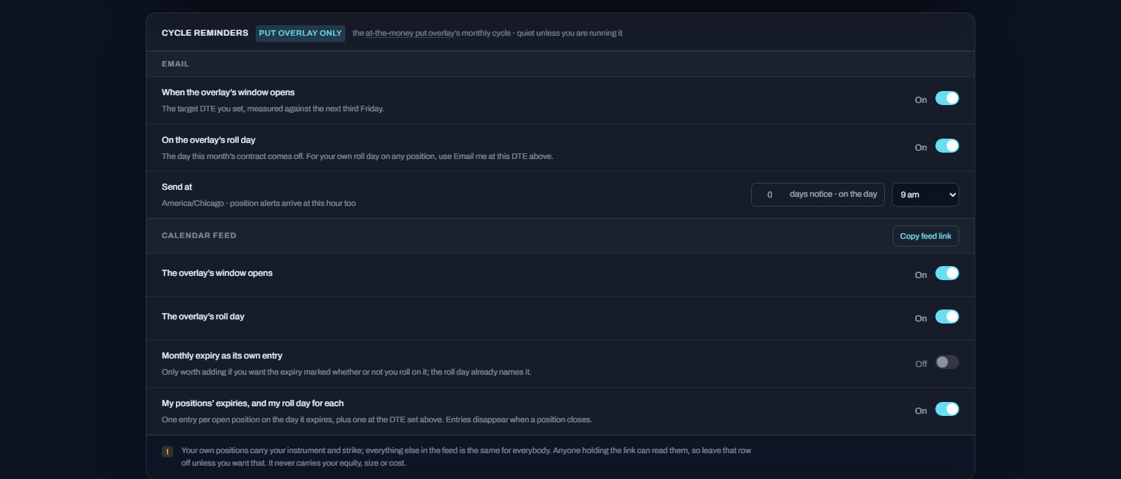The calendar settings: which entries the feed carries, including an
           option to add your own positions' expiries and roll days