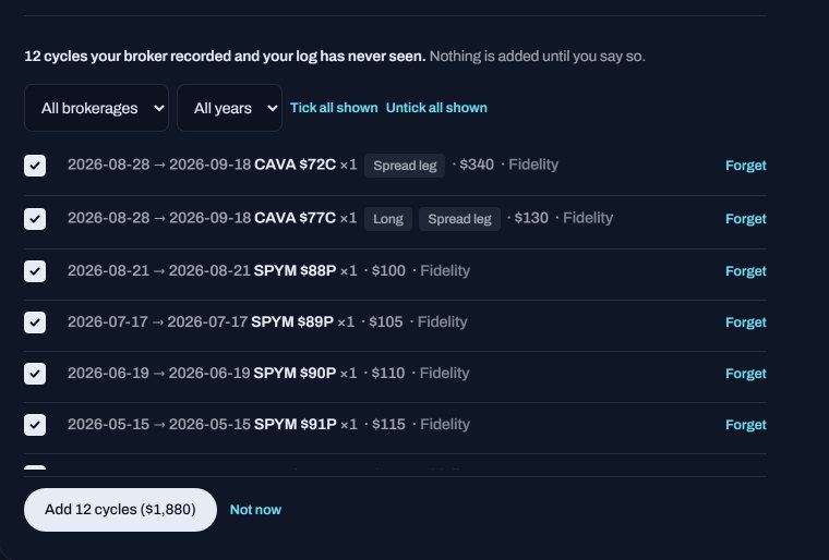 The import panel: twelve cycles the broker recorded that the log has
           never seen, each with a tick box, and one button to add them all