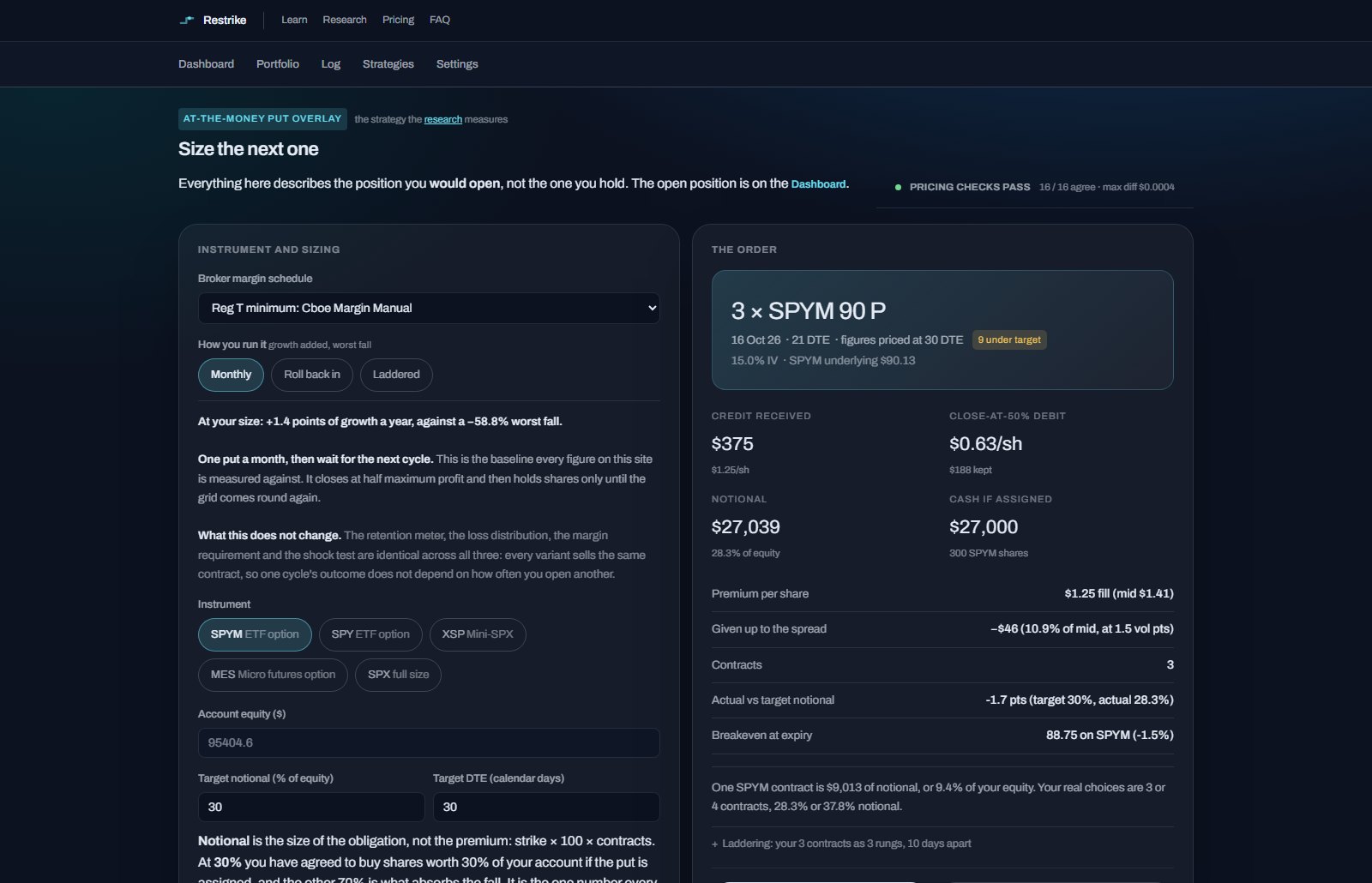 The put overlay screen: contract count, margin requirement and the
             market fall that would close the position